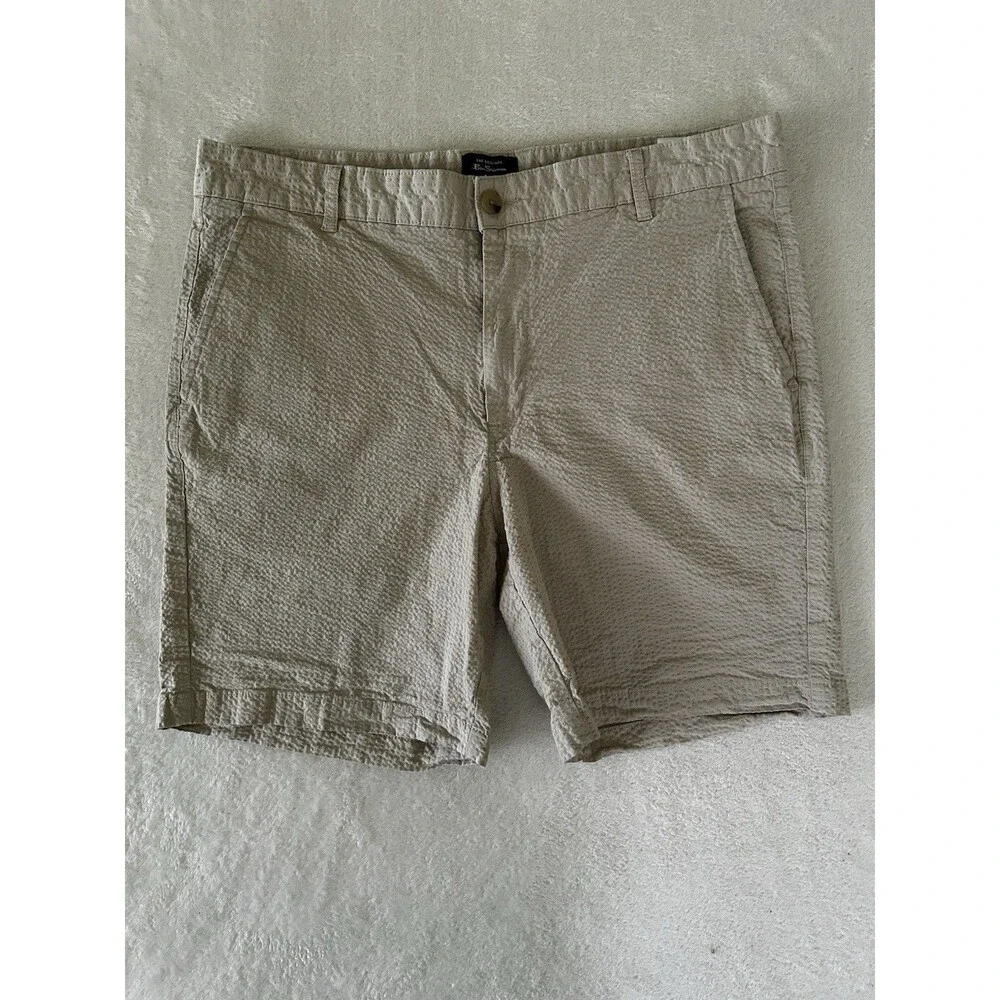 Ben Sherman Regular Fit Seersucker Shirts Khaki Size 36 Stretch Flat Front Golf